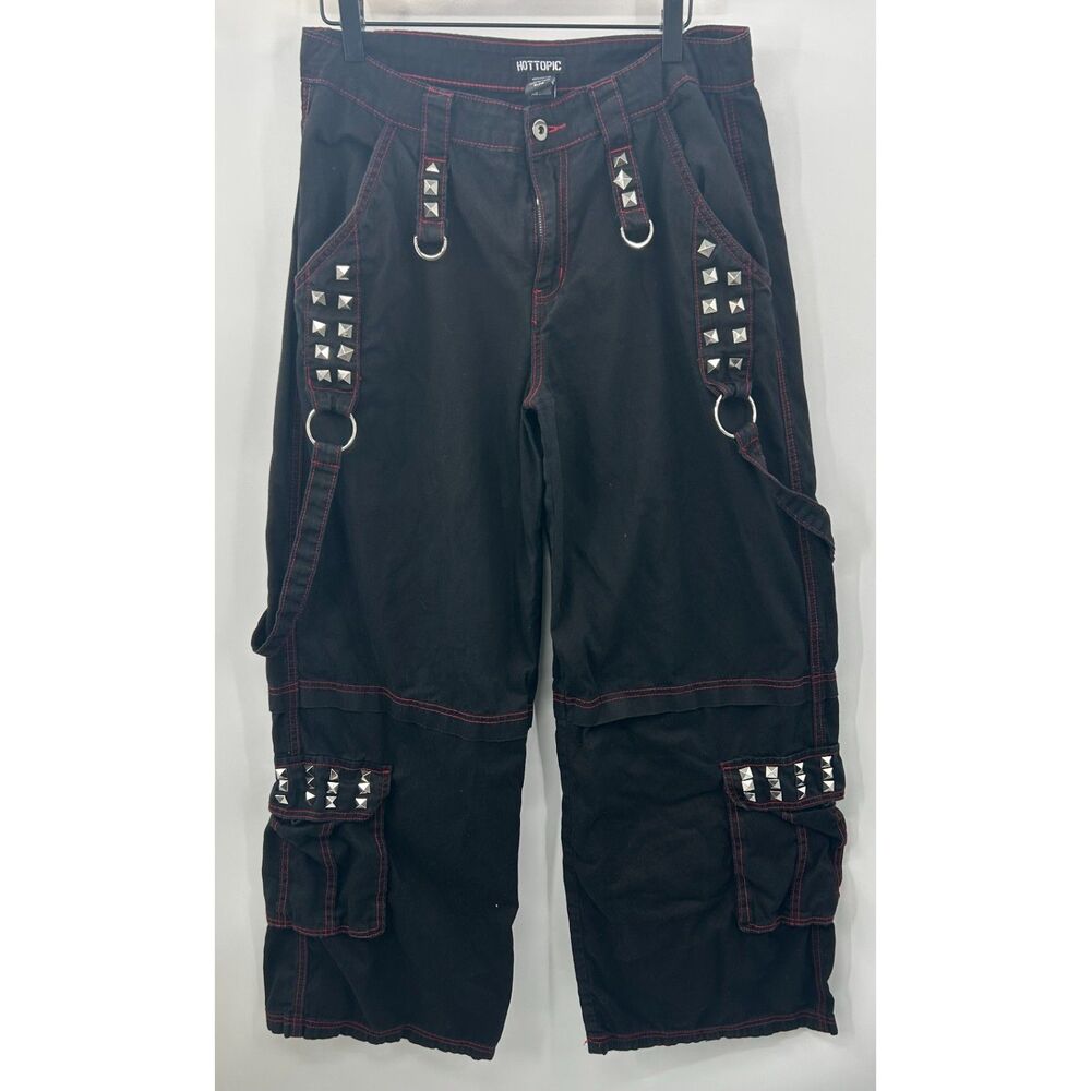 Hot Topic Black & Red Stitch Stud Chain Strap Cargo Pants Women's Size 11
